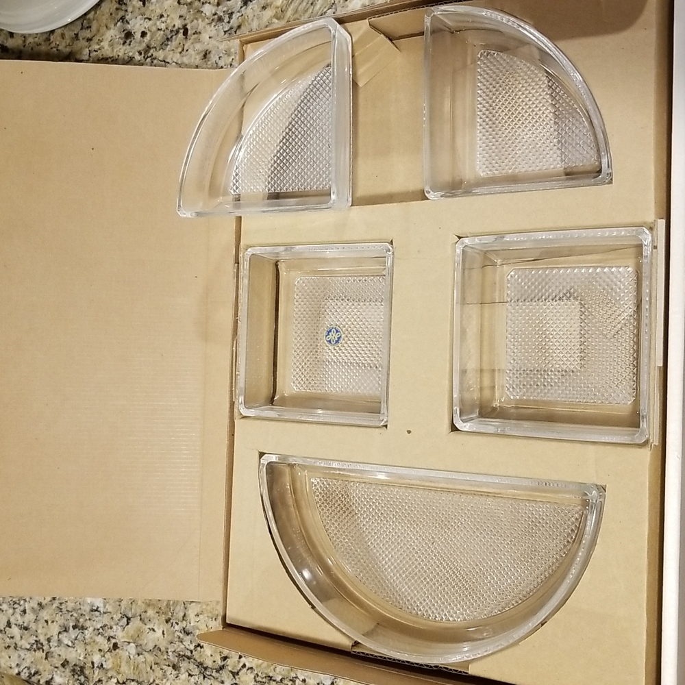 new vintage HOYA Crystal JAPAN glass 6 piece condiment set + metal serving tray